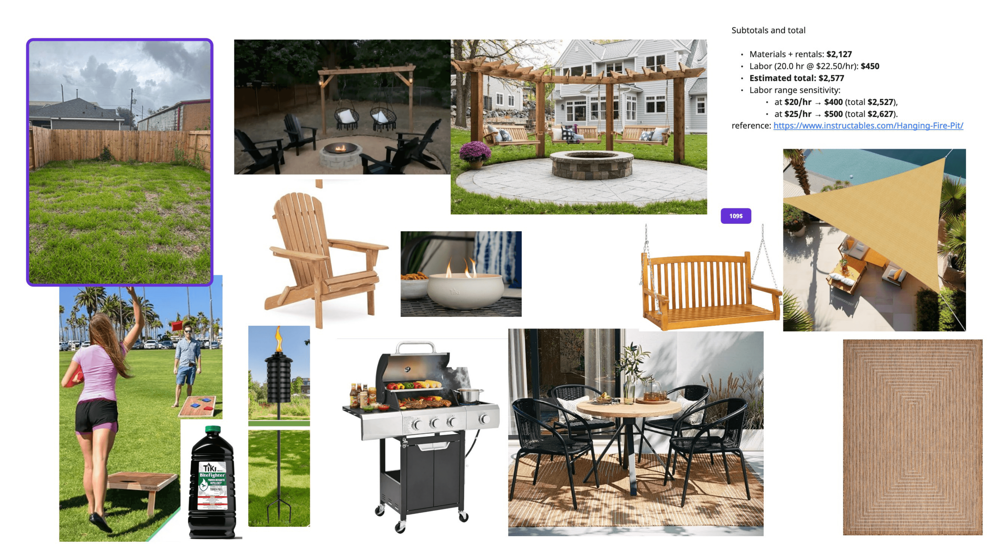 Exterior moodboard and landscaping callouts for Seabrook property